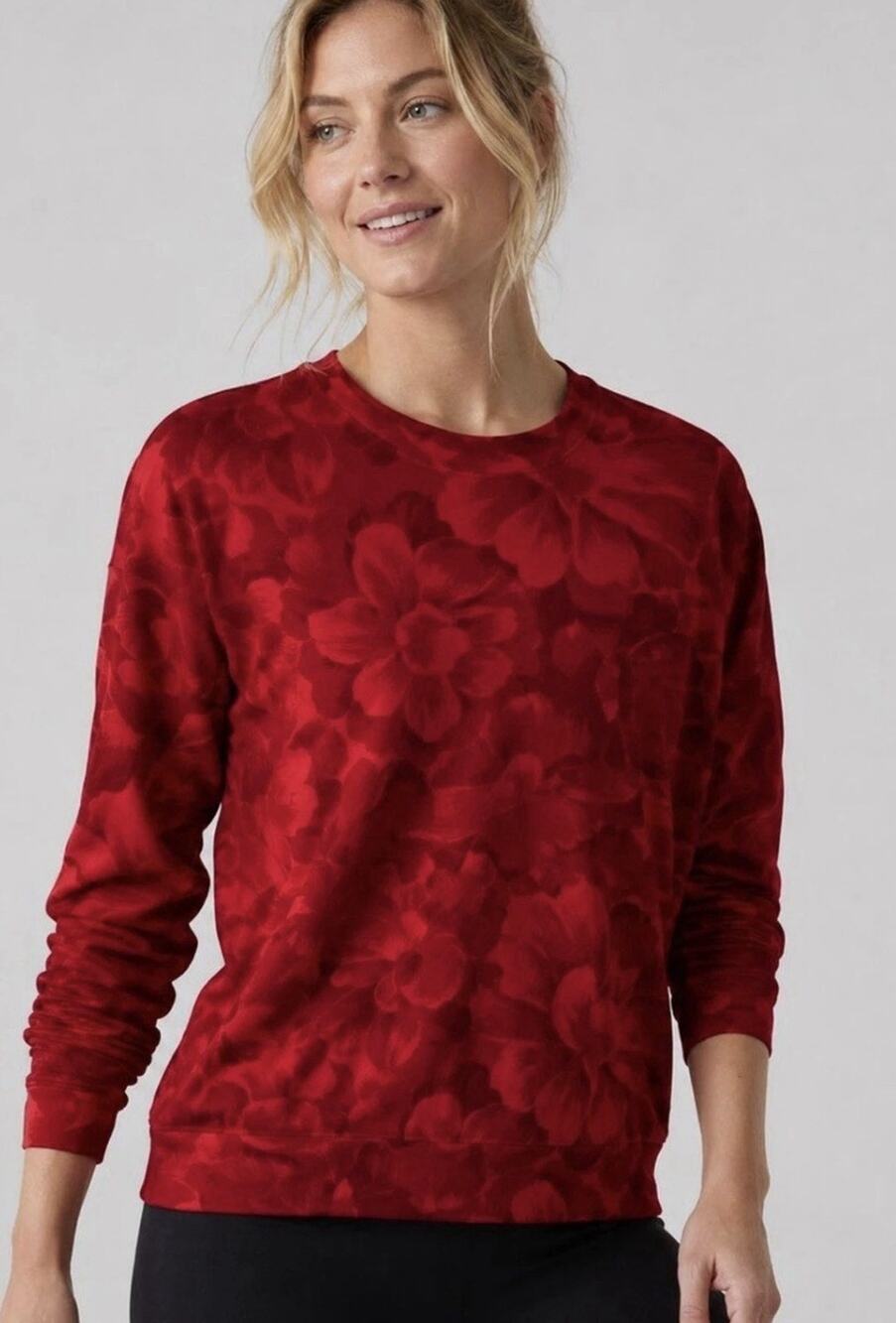 Athleta Balance Womens XL Red Floral Pullover Sweatshirt Relaxed Cozycore